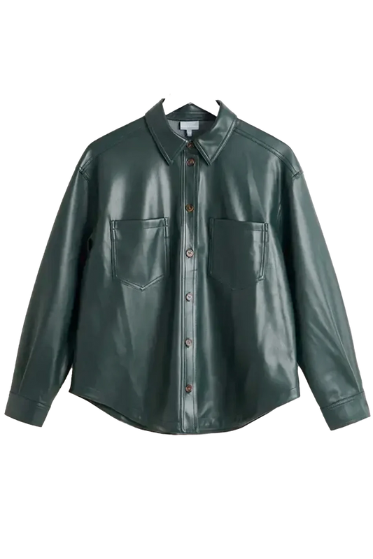 Green Faux Leather Shirt Jacket