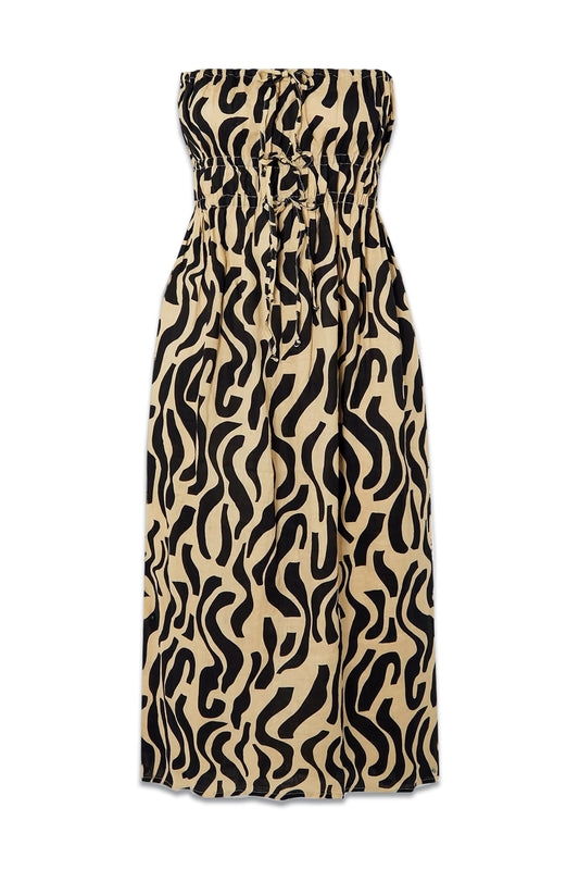 Contessa Strapless Shirred Printed Linen Midi Dress