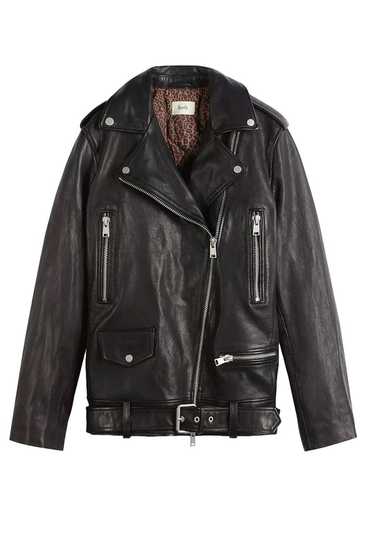 Oversized Leather Biker Jacket, Black