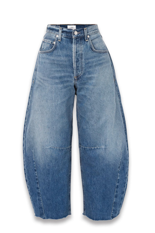 Horseshoe Frayed High-Rise Barrel-Leg Jeans
