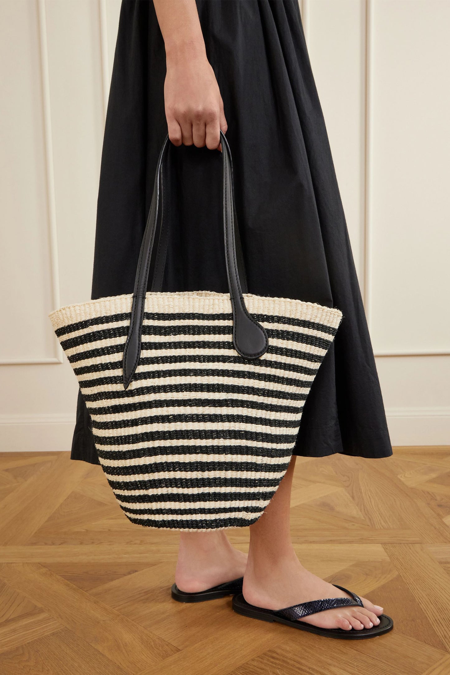 Striped Leather-trimmed Sisal Shoulder Bag
