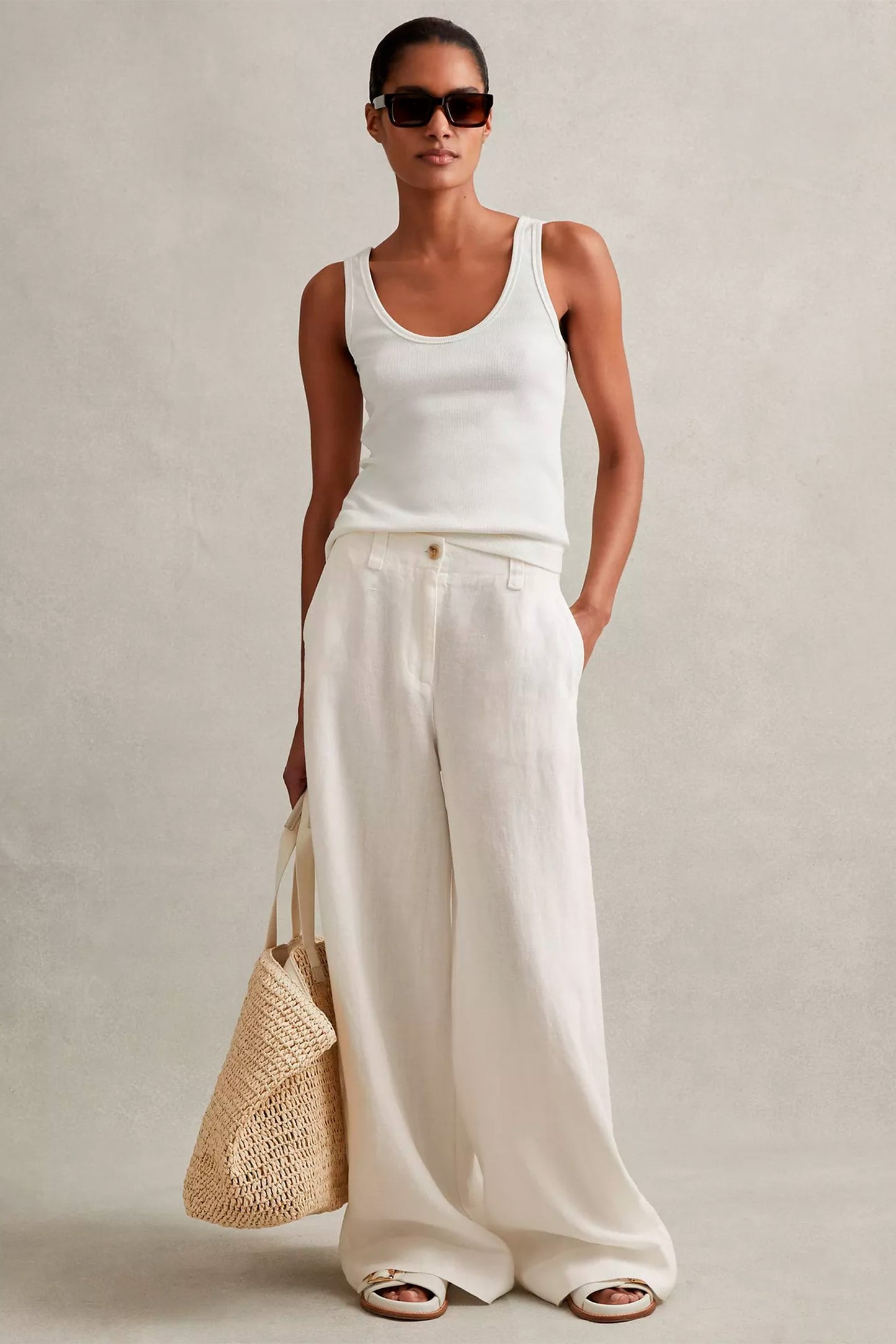 Demi Garment Dye Linen Wide Leg Trousers, White
