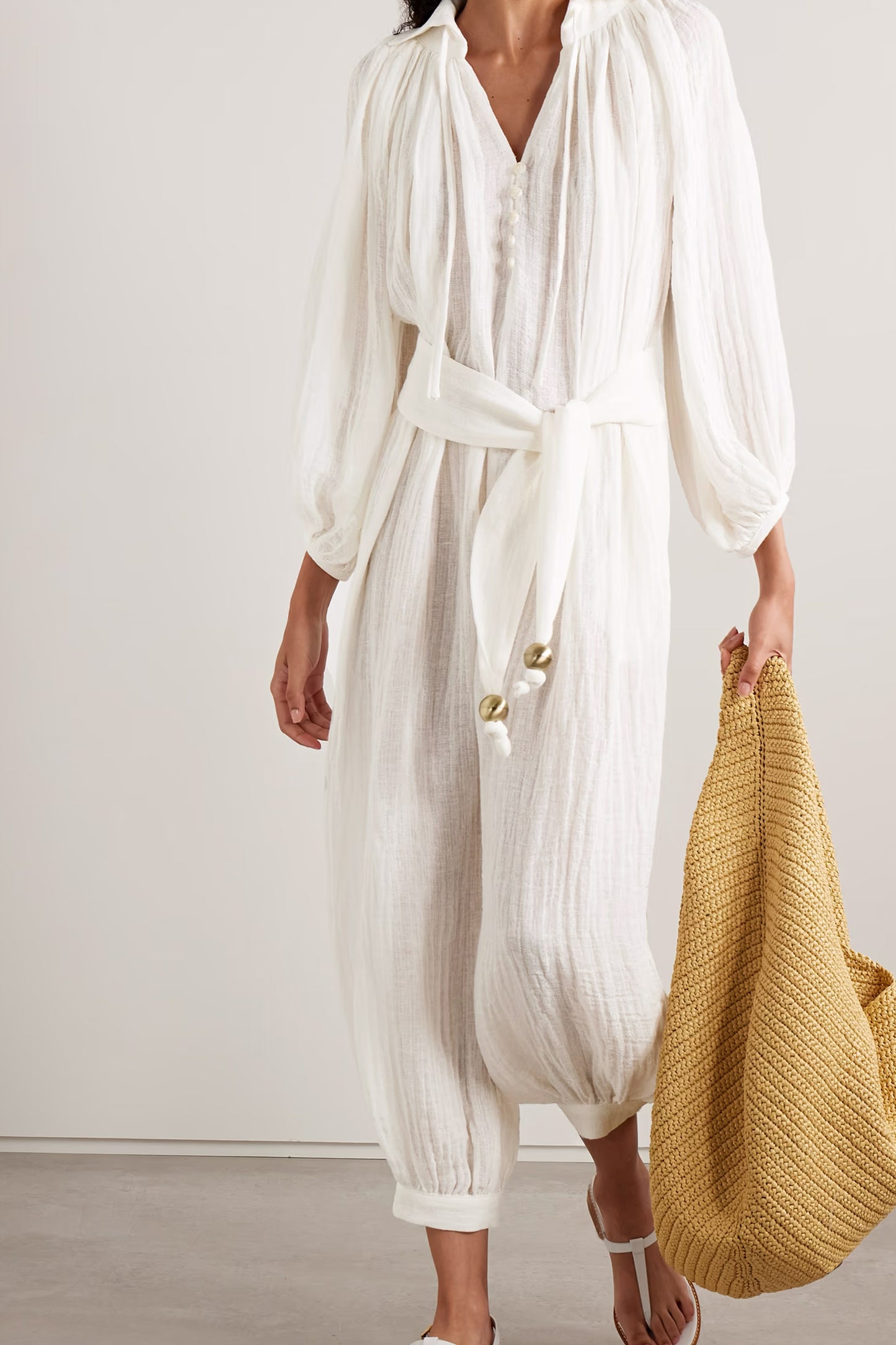 Poet Belted Cropped Linen-Blend Gauze Jumpsuit