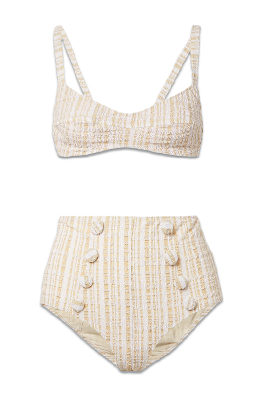 + NET SUSTAIN Button-embellished Striped Seersucker Bikini