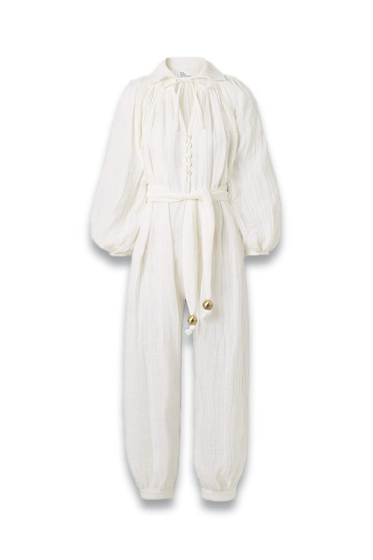 Poet Belted Cropped Linen-Blend Gauze Jumpsuit