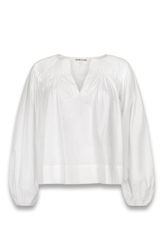 Pleated Elizabeth White Dot Cotton Blouse