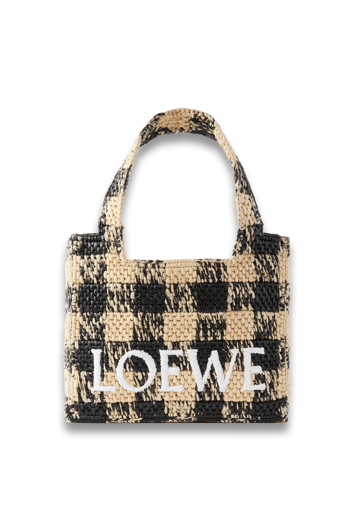 Paula's Ibiza Mini Leather-Trimmed Embroidered Gingham Raffia Tote