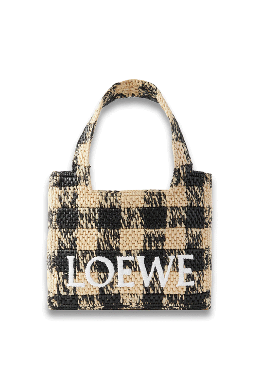 Paula's Ibiza Mini Leather-Trimmed Embroidered Gingham Raffia Tote