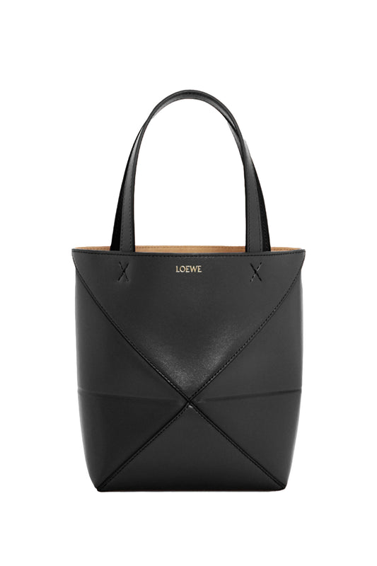 Mini Puzzle Fold Tote in Shiny Calfskin Black