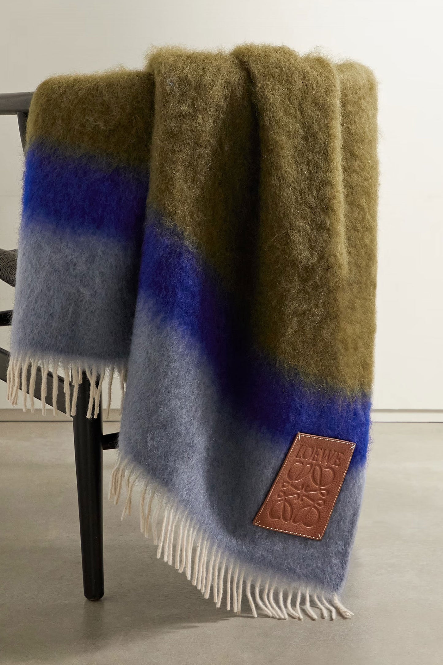 Leather-trimmed Fringed Striped Mohair-blend Blanket