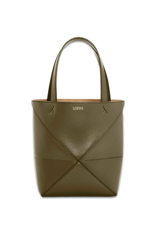 Mini Puzzle Fold Tote in Shiny Calfskin Dark Khaki Green