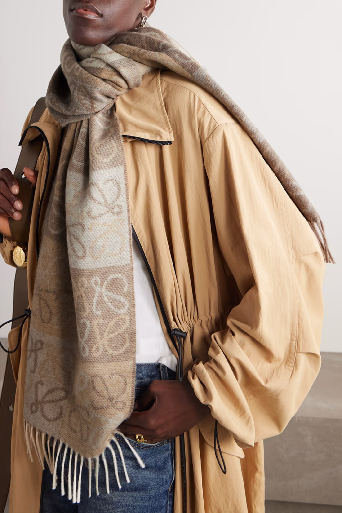 Fringed intarsia wool and cashmere-blend scarf