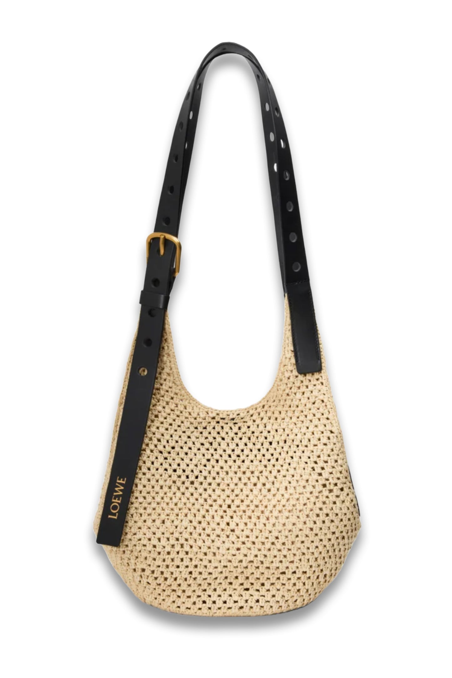 Small Punch Hole Hobo Bag in Raffia and Calfskin