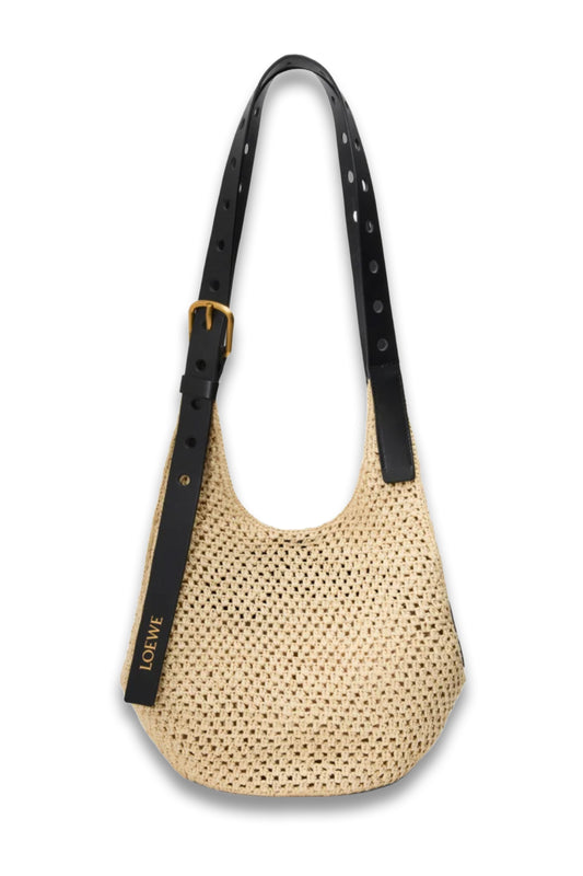 Small Punch Hole Hobo Bag in Raffia and Calfskin