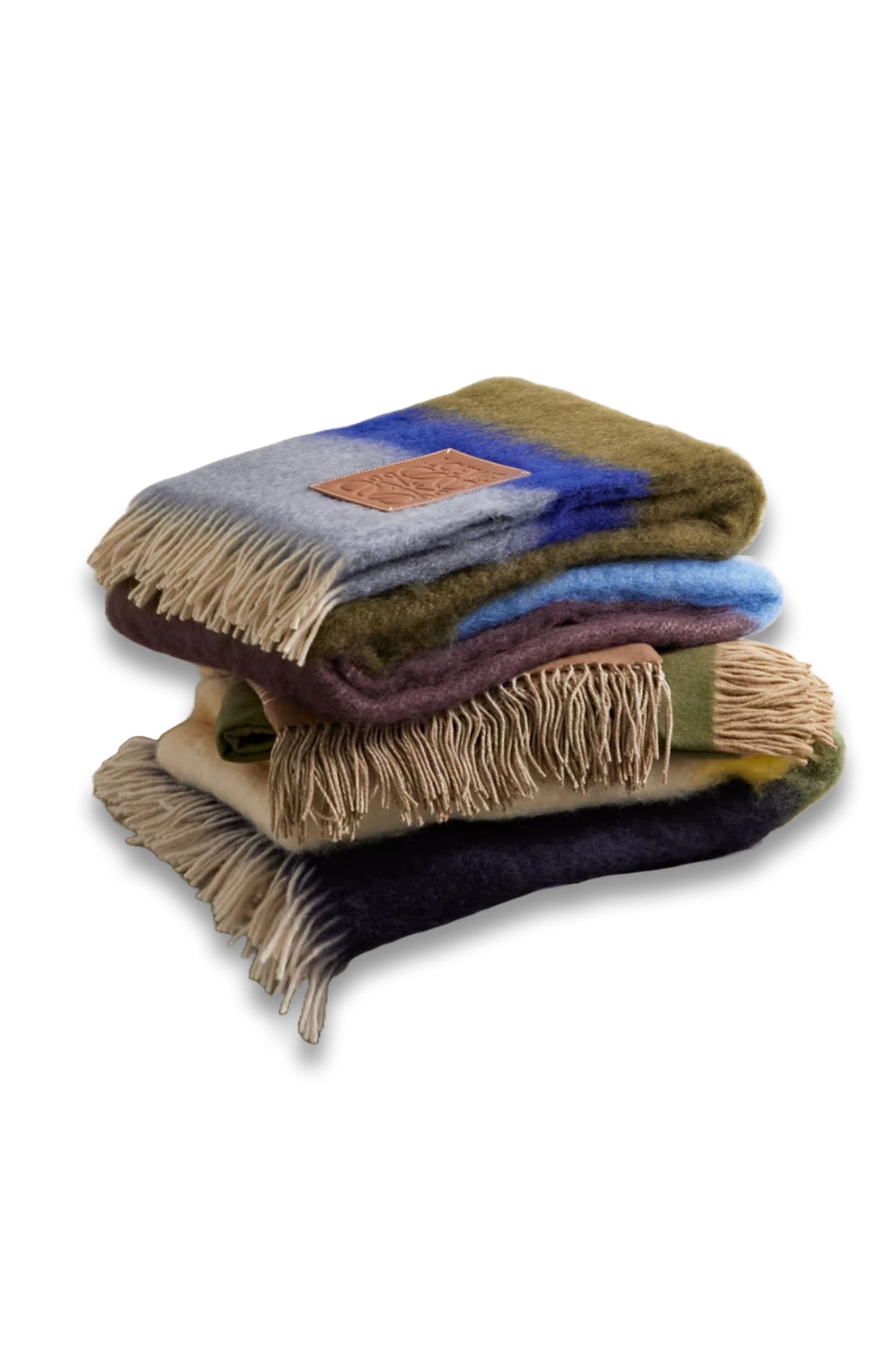 Leather-trimmed Fringed Striped Mohair-blend Blanket