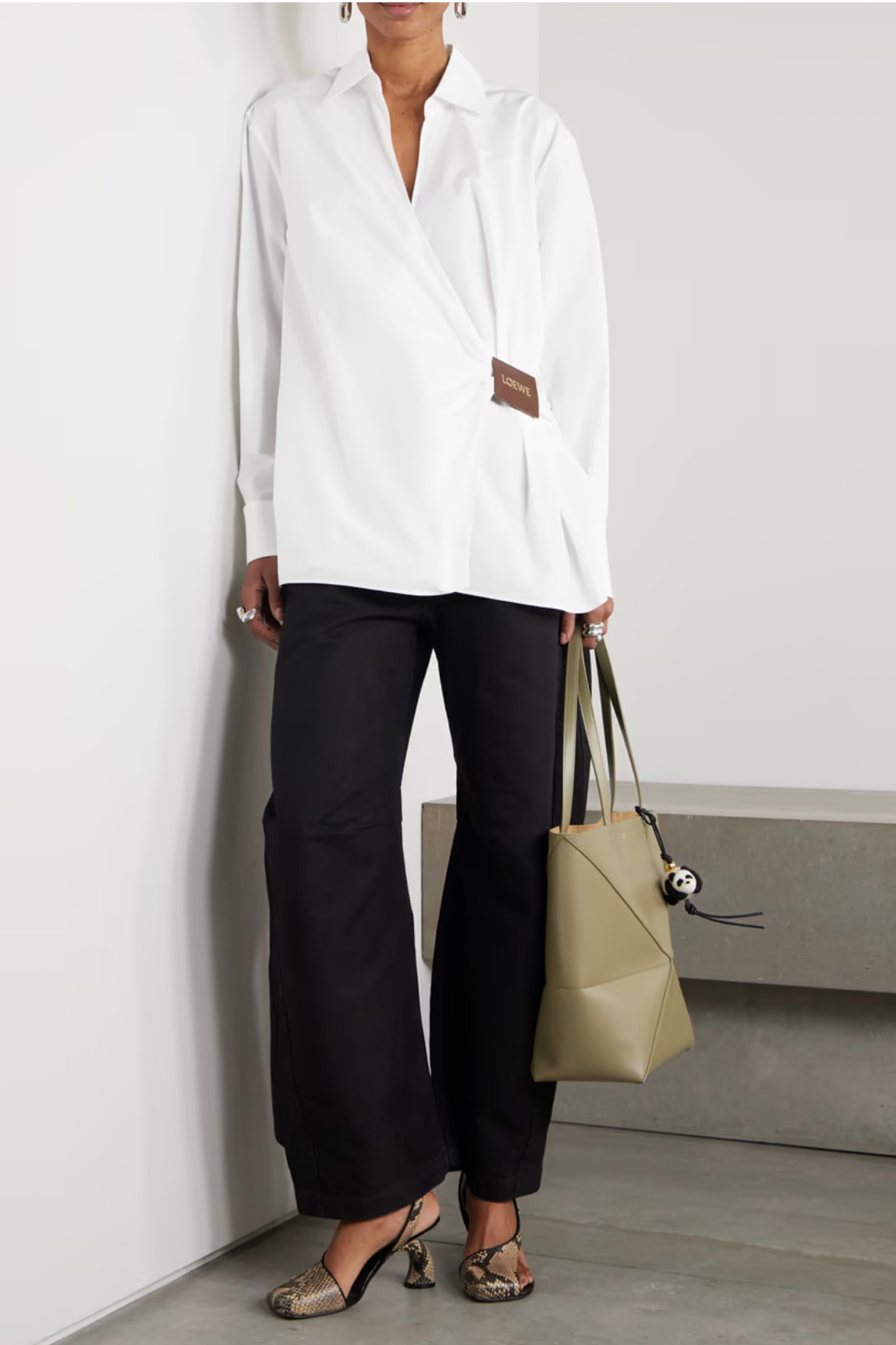 Wrap-Effect Leather-Trimmed Cotton-Poplin Shirt
