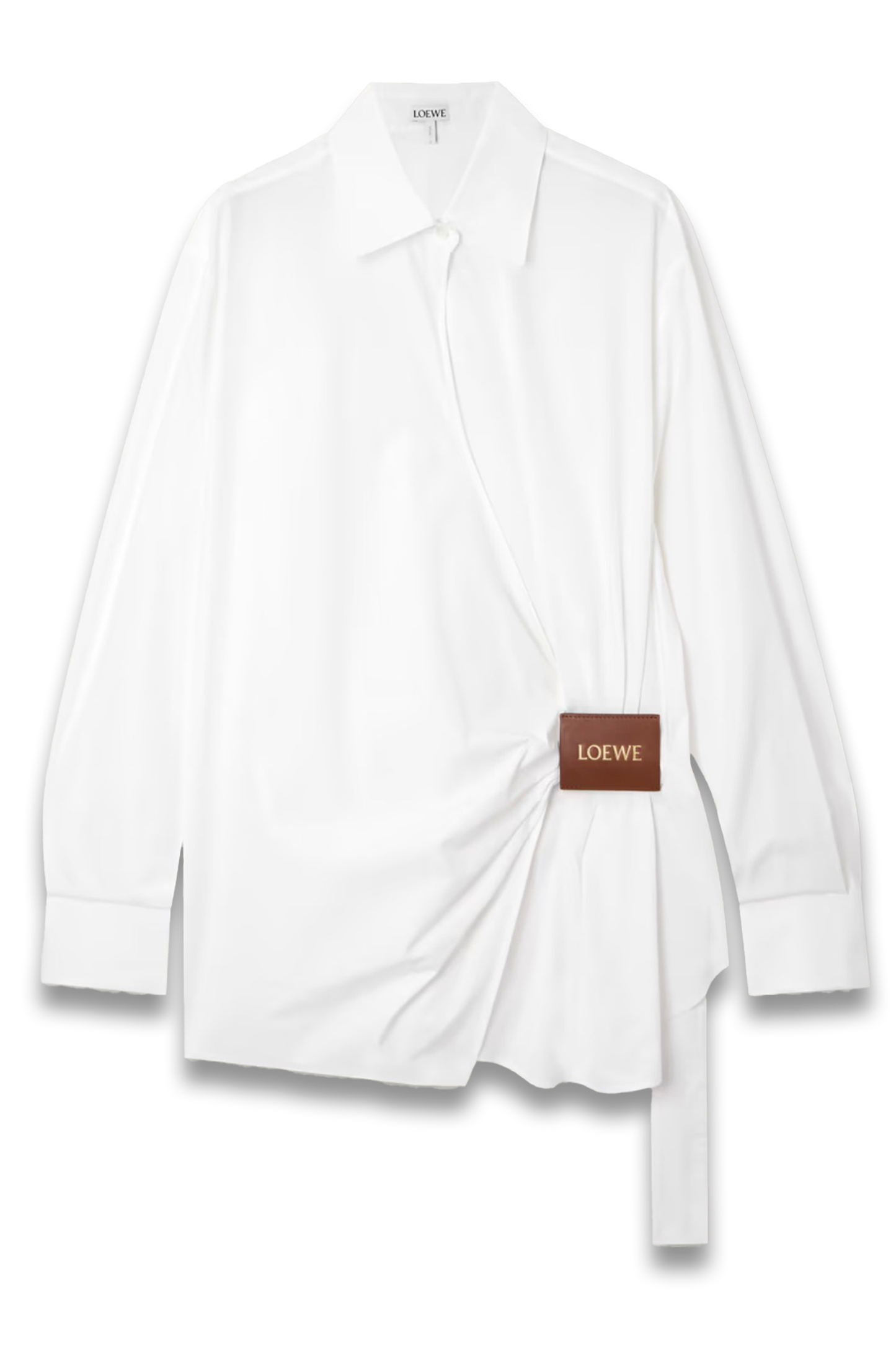 Wrap-Effect Leather-Trimmed Cotton-Poplin Shirt