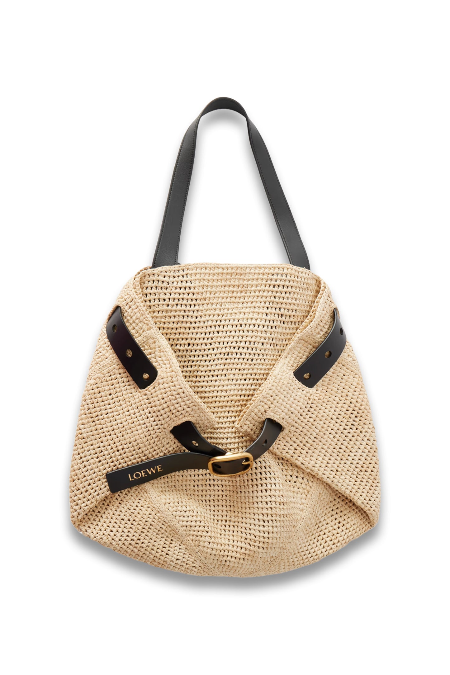 Punch Hole Medium Leather-Trimmed Raffia Tote