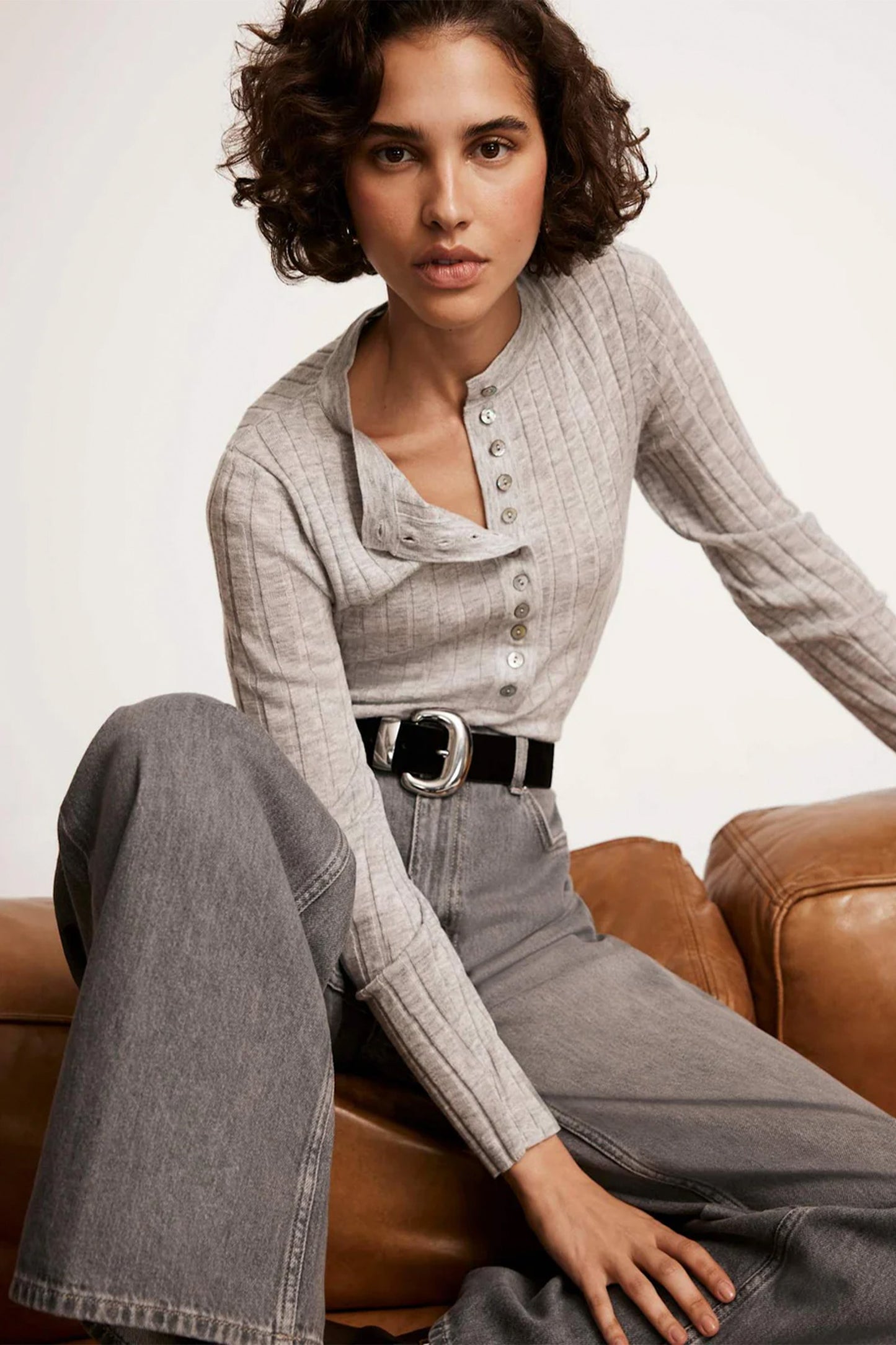 Grey Ribbed Henley Knit Top