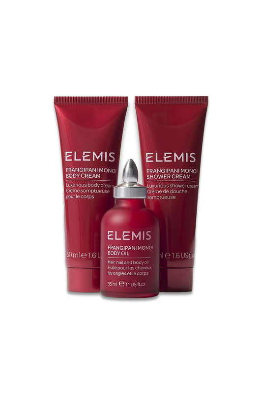 Elemis skincare products including cream, shower cream, and body oil on a white background

