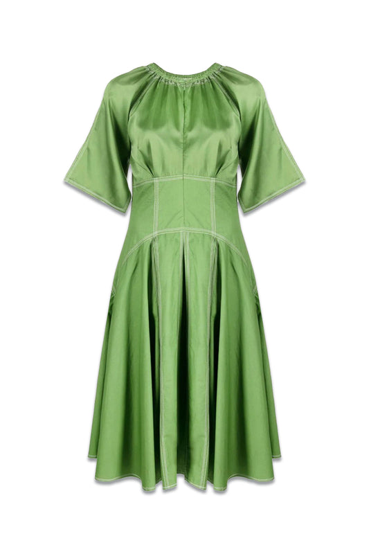 Gathered Topstitched Cotton-Sateen Midi Dress
