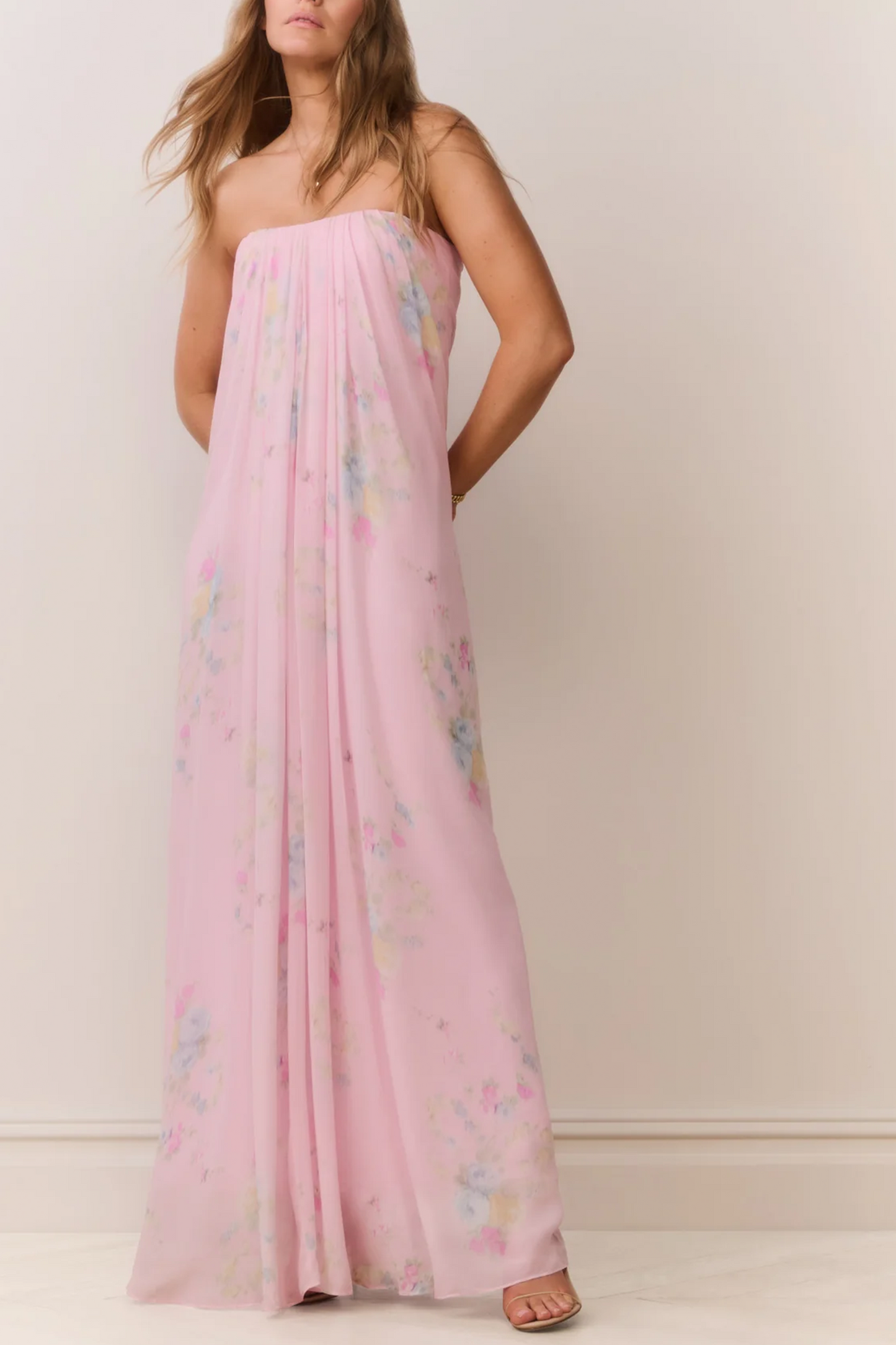 Emara Strapless Floral Chiffon Gown