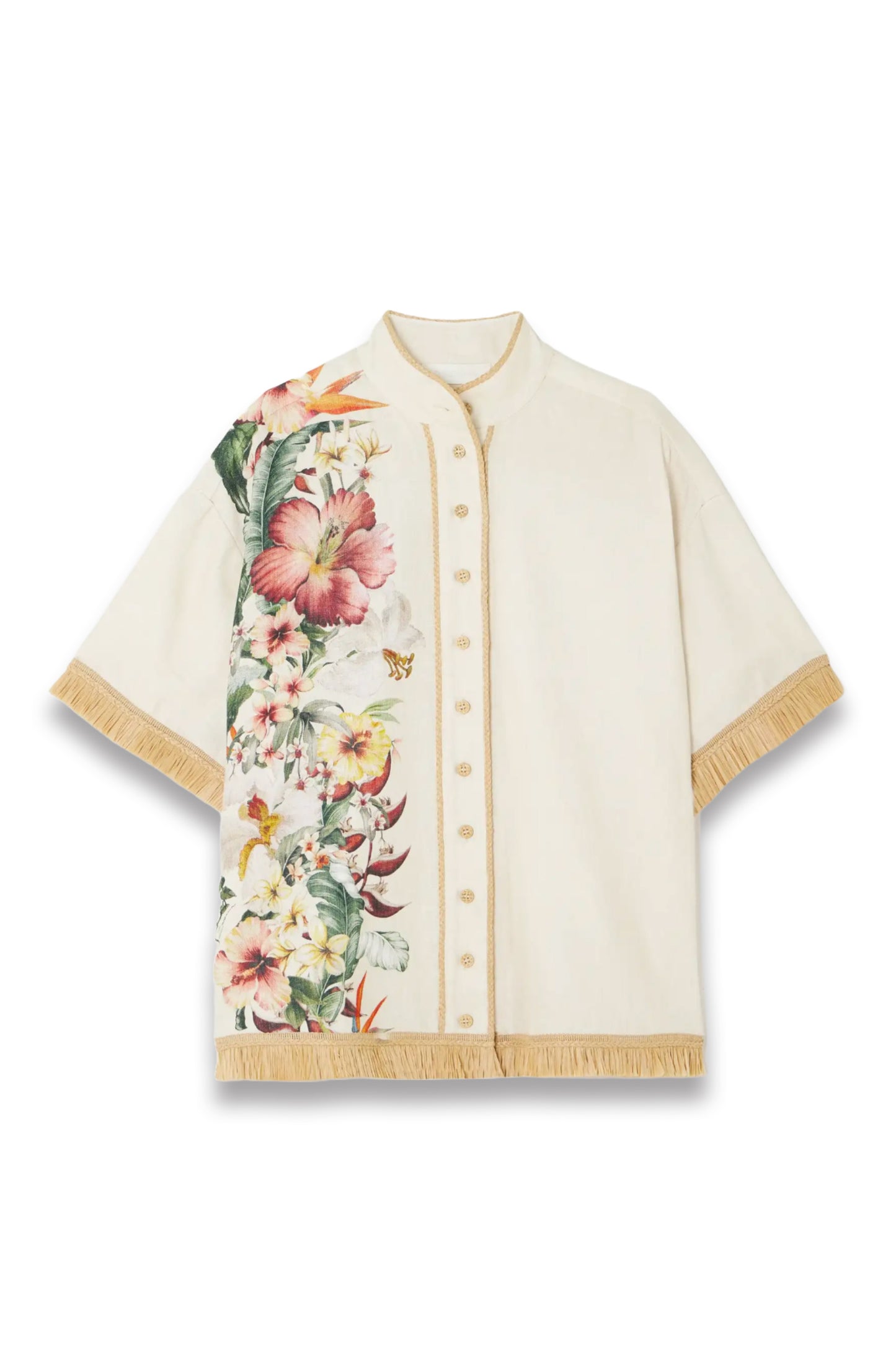 Lexi Raffia-Trimmed Floral-Print Linen Shirt