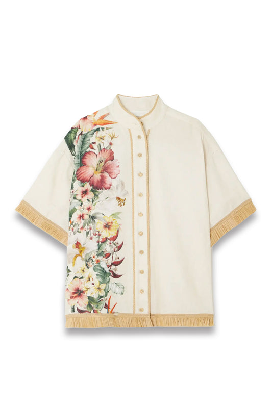 Lexi Raffia-Trimmed Floral-Print Linen Shirt