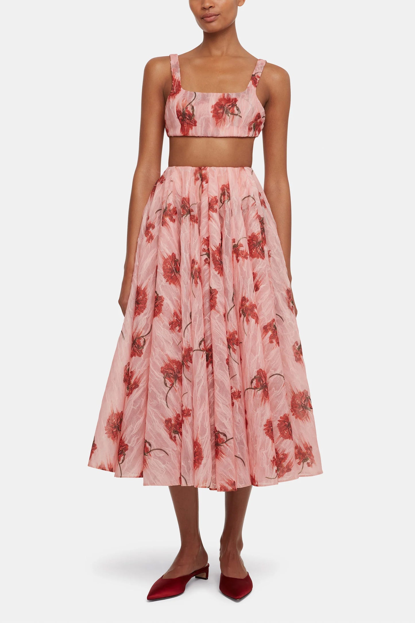Circeii Skirt In Coral Floral Print On Pink Textured Organza