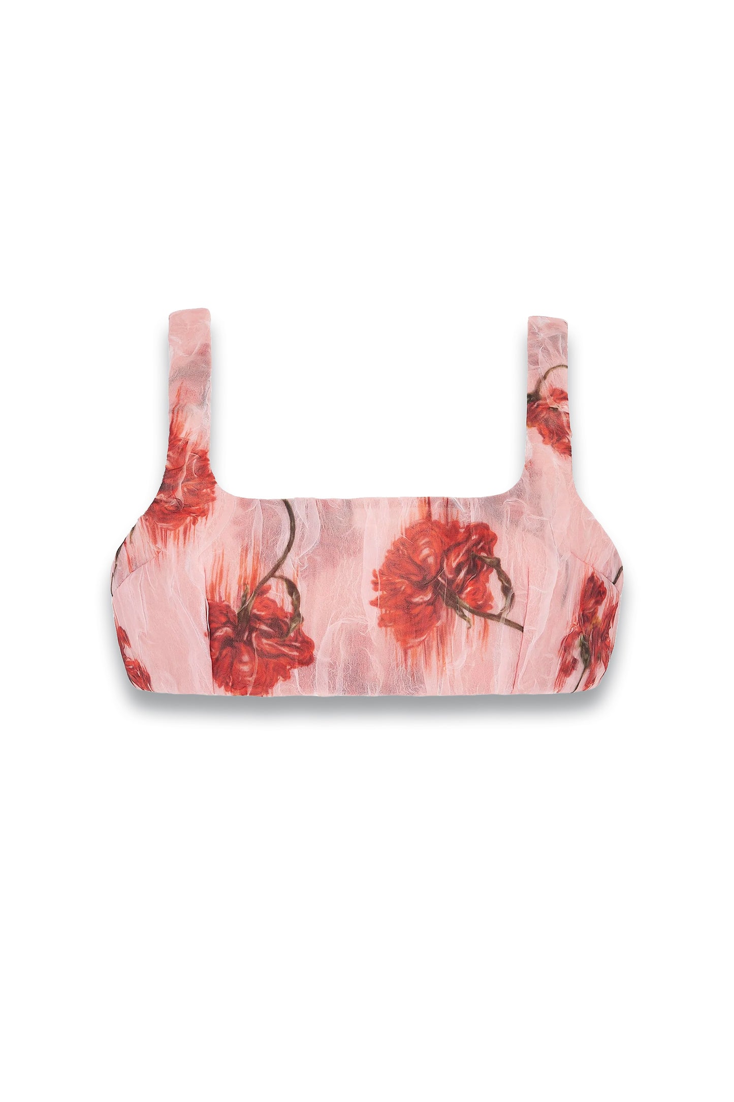 Luis Top In Coral Floral Print On Pink Textured Organza
