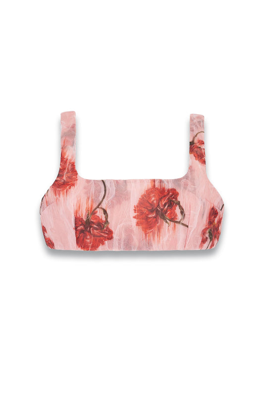 Luis Top In Coral Floral Print On Pink Textured Organza