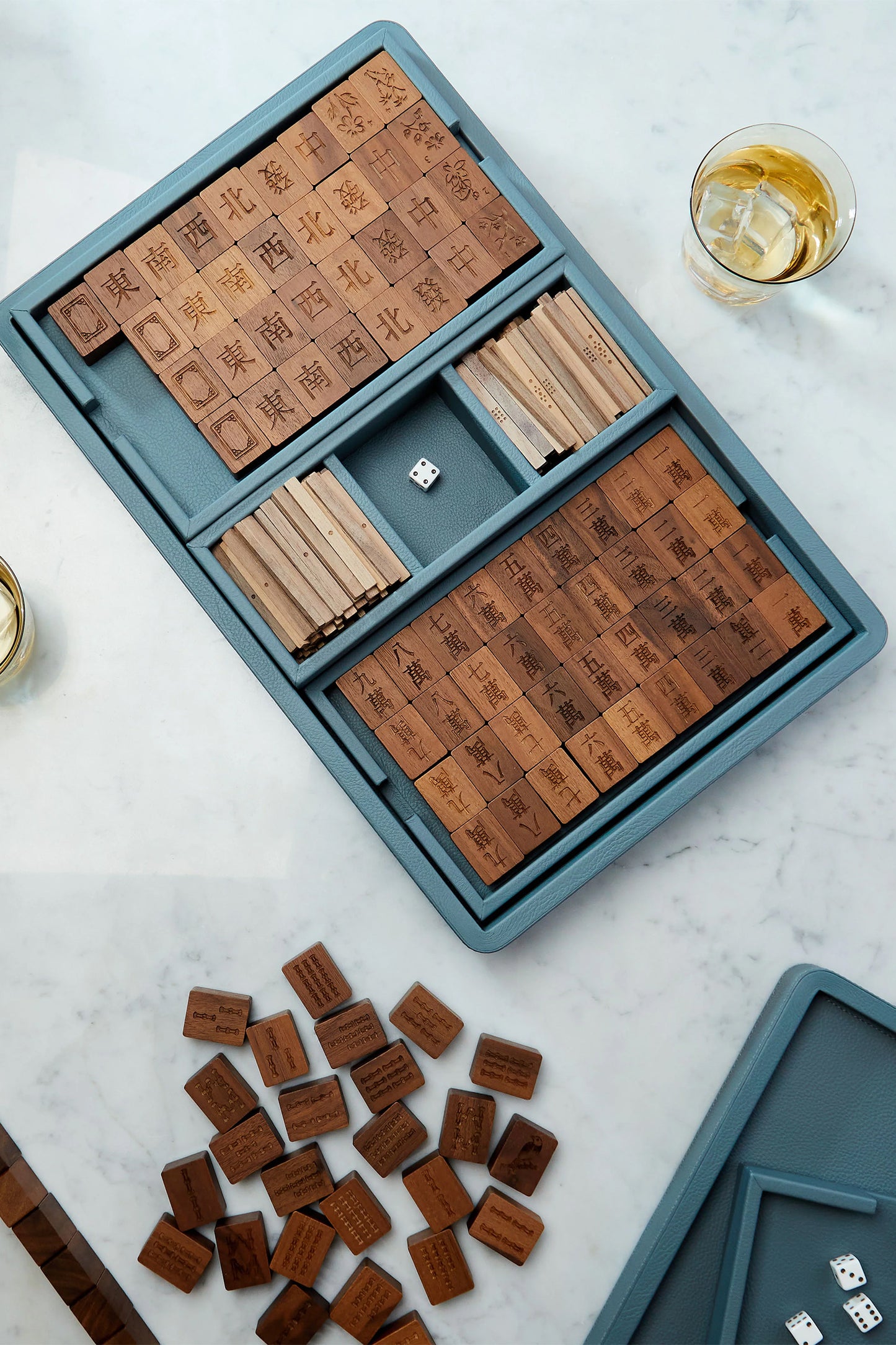 Leather, Maple and Walnut Mahjong Set