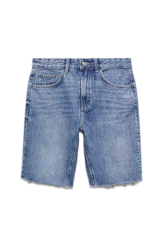 Miami Straight Cut Denim Shorts in Mid Blue