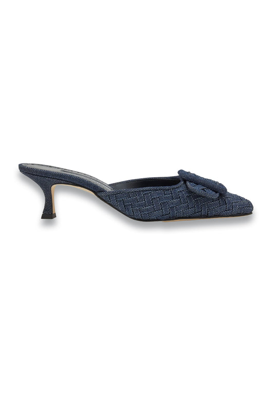 Dark Blue Chambray Buckle Detail Mules