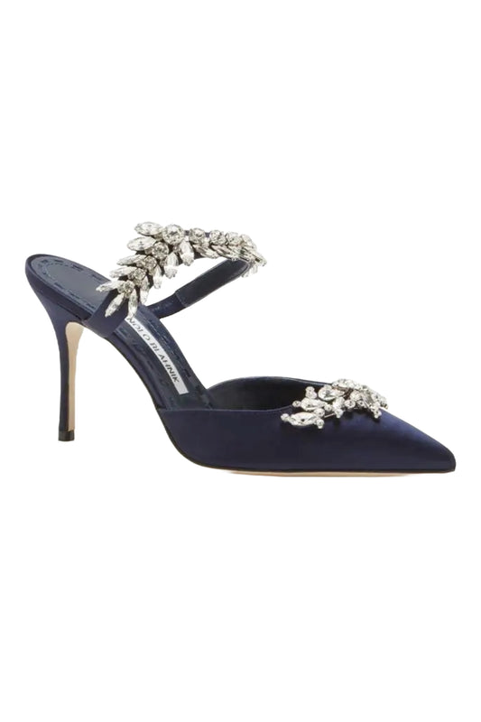 Lurum Navy Satin Crystal Embellished Mules