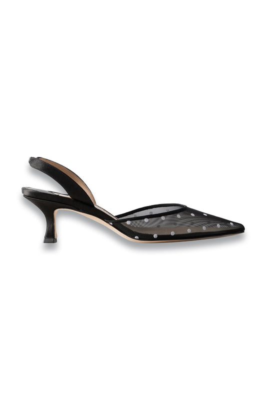 Carolyne 50 Polka-dot Flocked Mesh and Satin Slingback Pumps