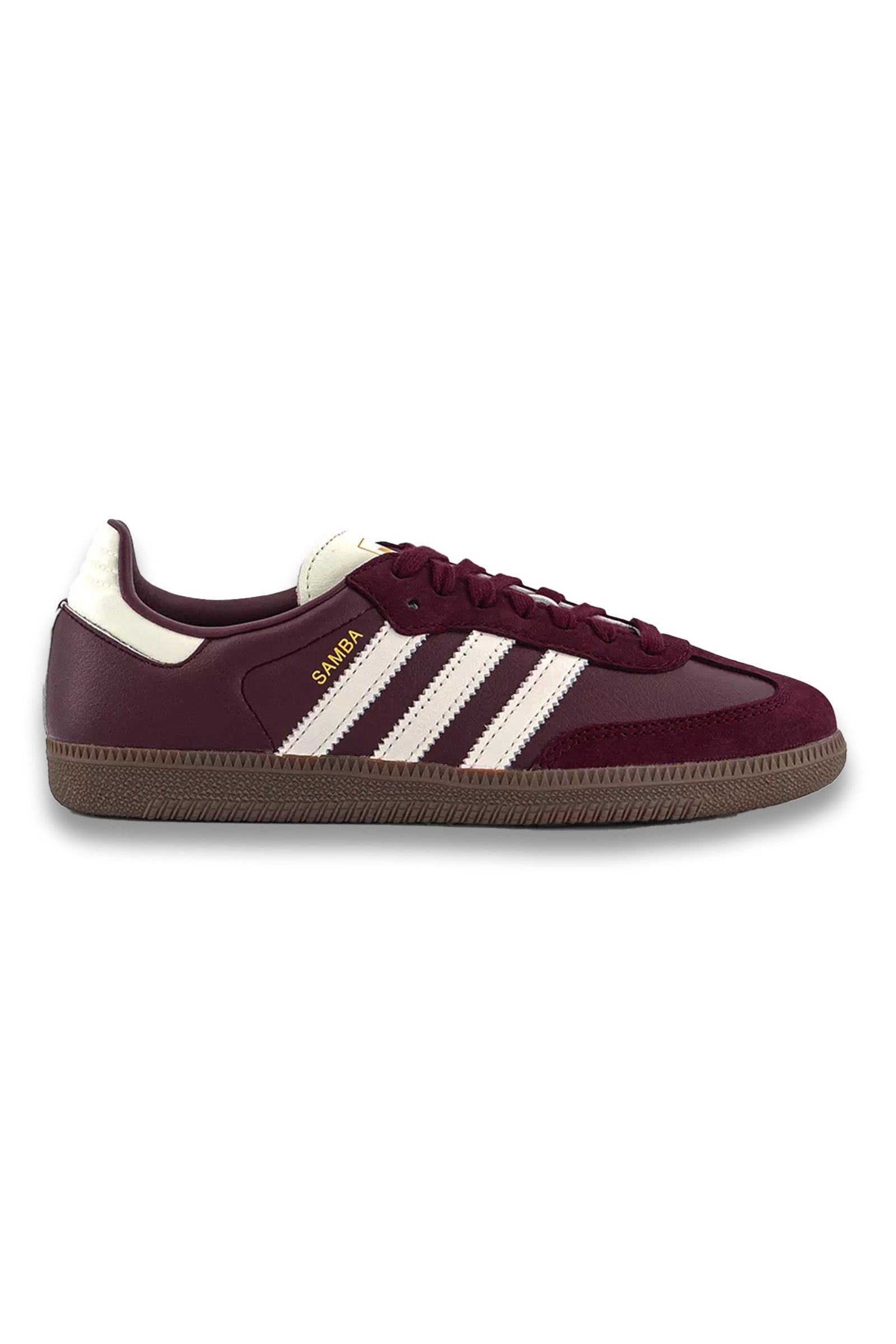 Maroon sneaker with white stripes on a white background