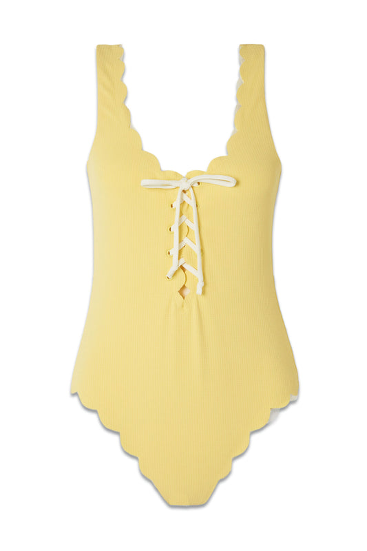 Palm Springs Reversible Lace-up Scalloped Seersucker Swimsuit