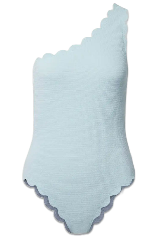 Santa Barbara Reversible One-Shoulder Scalloped Seersucker Swimsuit