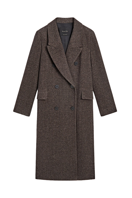Long Double-breasted Wool Blend Herringbone Coat