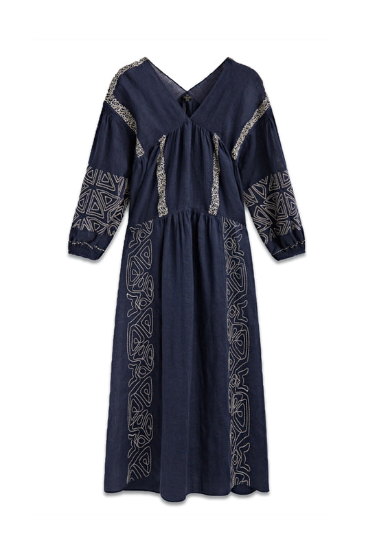Linen Blend Midi Dress with Embroidery Detail