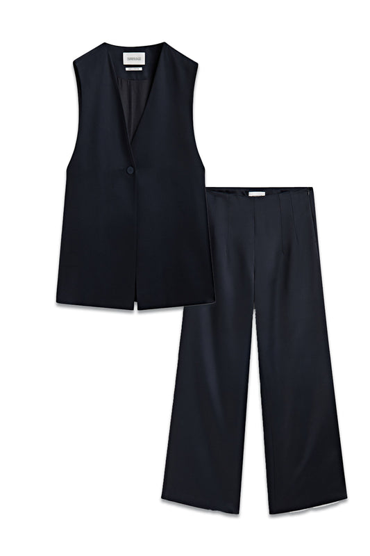 Navy Blue Long Satin Waistcoat and Trousers