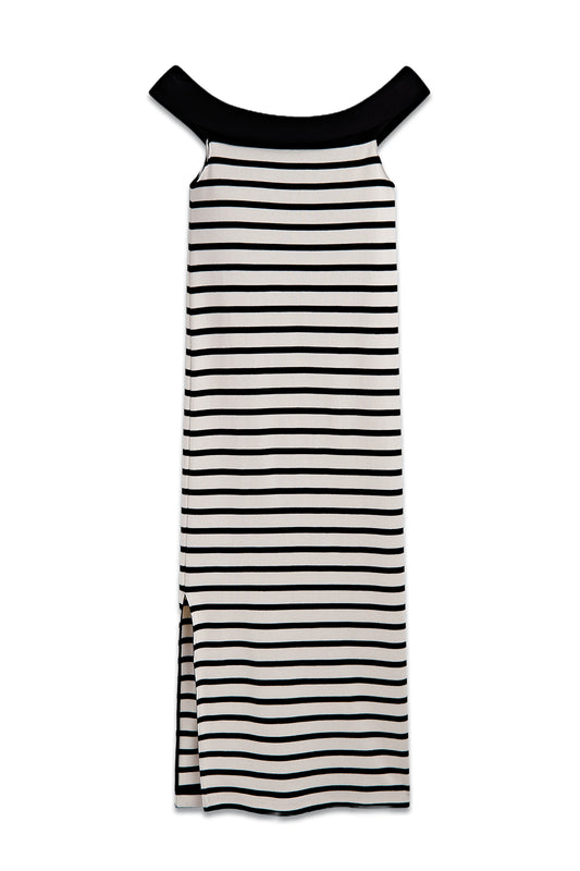 Striped Midi Dress with Contrast Boat Neck