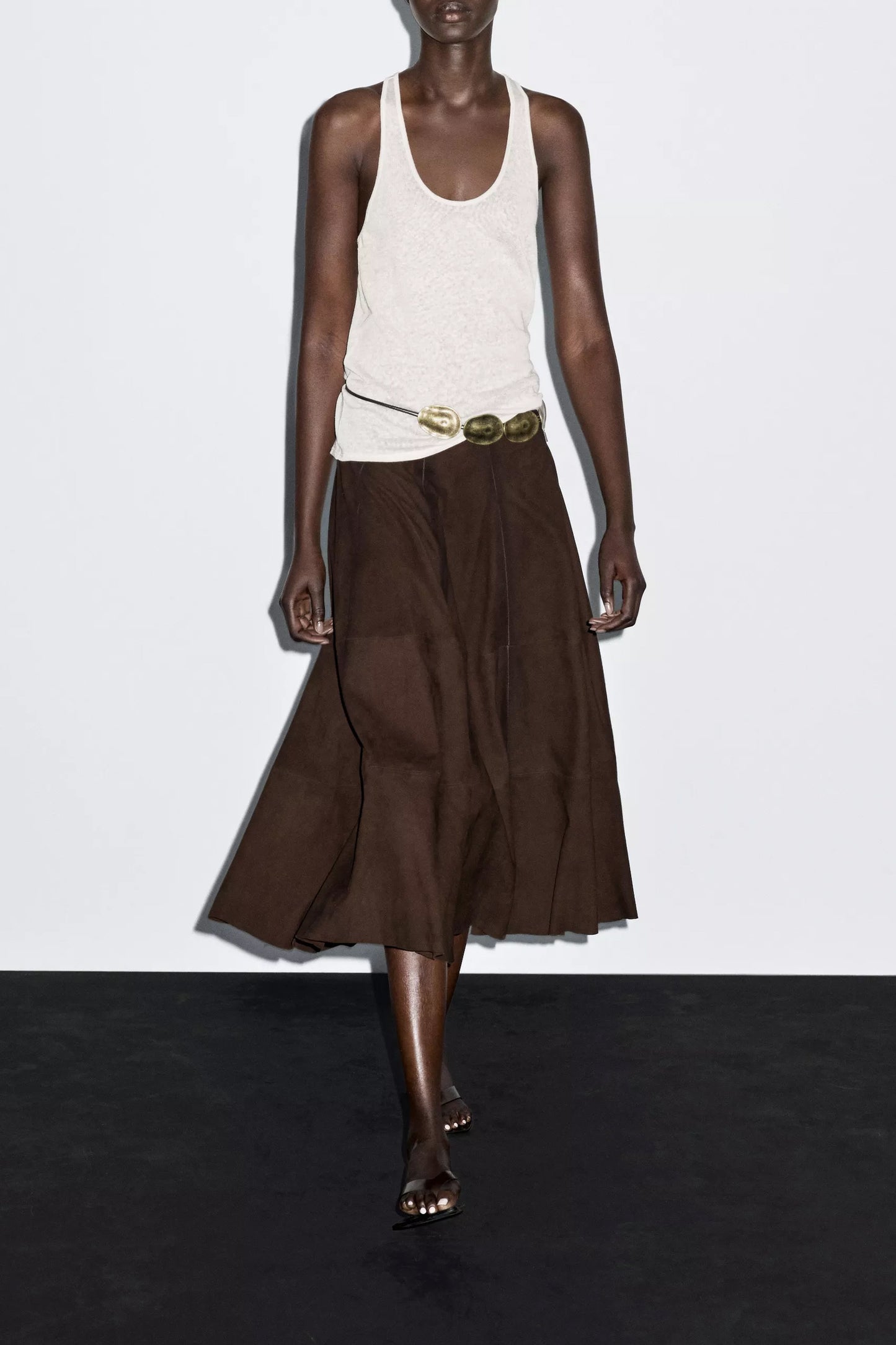 Suede Leather Flared Midi Skirt