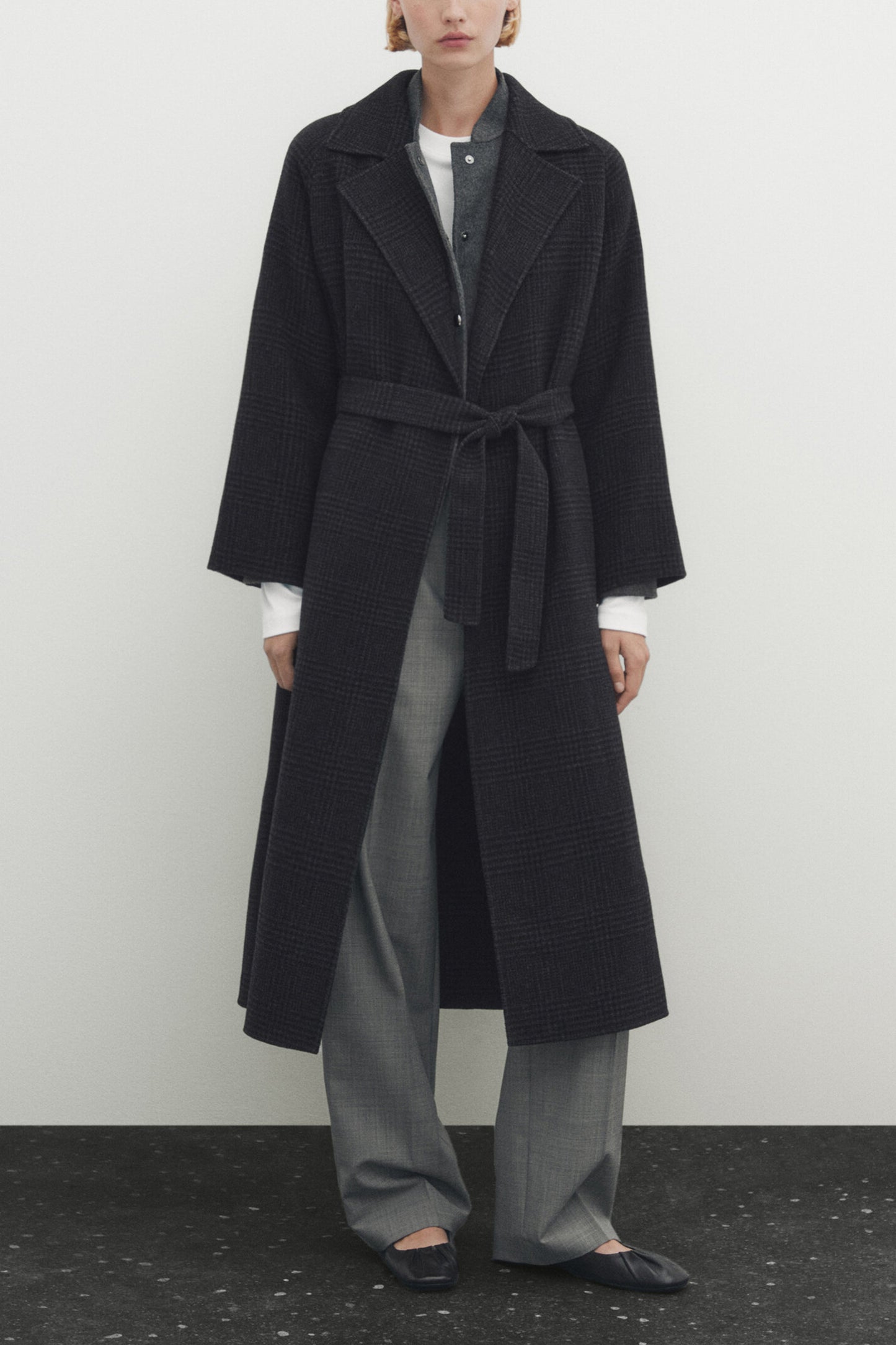 Long Wool Blend Check Robe Coat