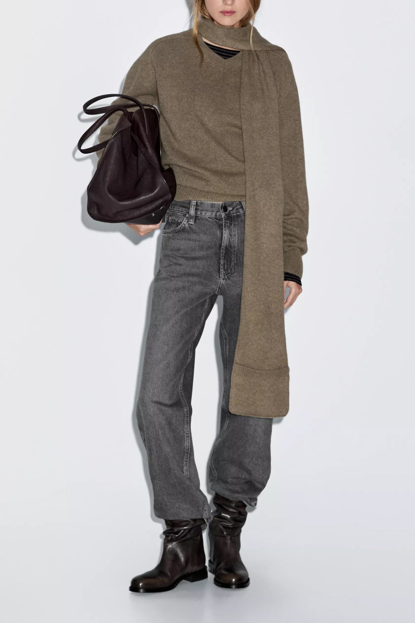 100% Wool Knit Sweater with Scarf and Pocket