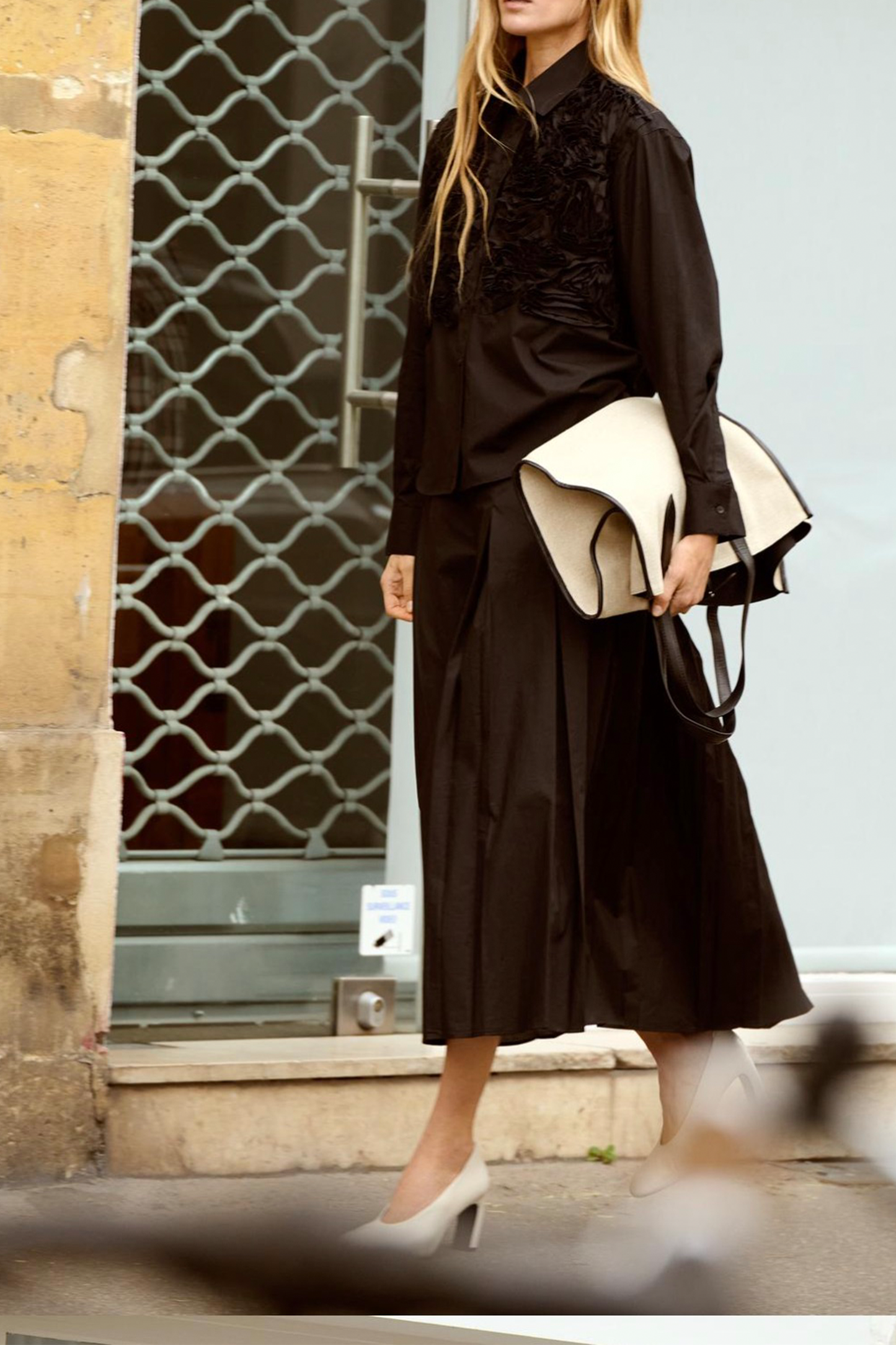 Shirt With Embroidered Detail On The Chest & Midi Skirt With Asymmetric Pleats