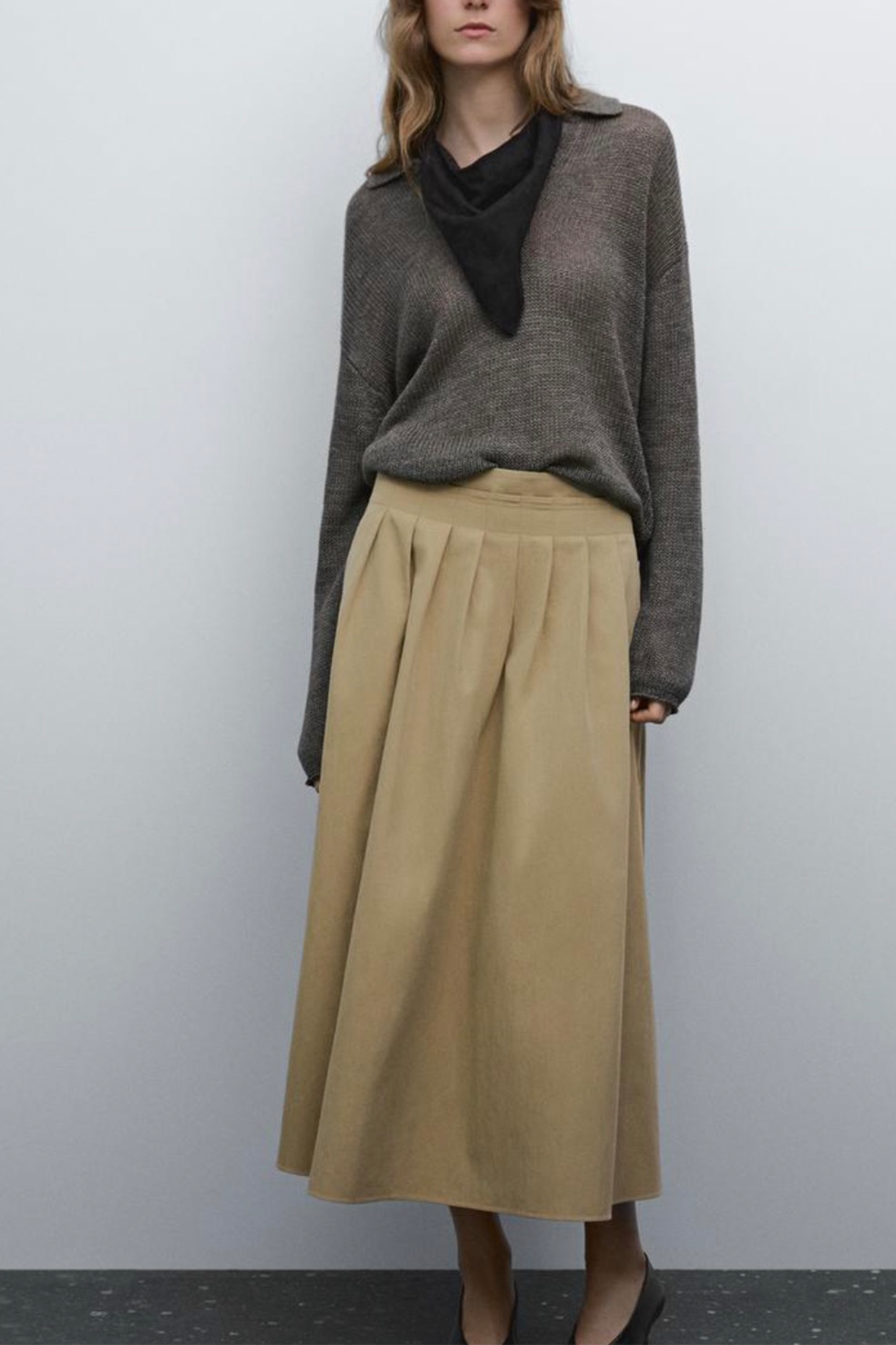 Cotton Blend Box Pleat Midi Skirt