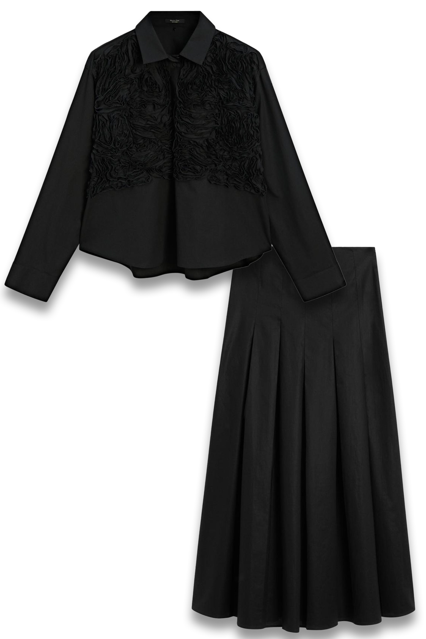 Shirt With Embroidered Detail On The Chest & Midi Skirt With Asymmetric Pleats