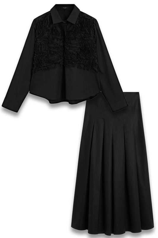Shirt With Embroidered Detail On The Chest & Midi Skirt With Asymmetric Pleats